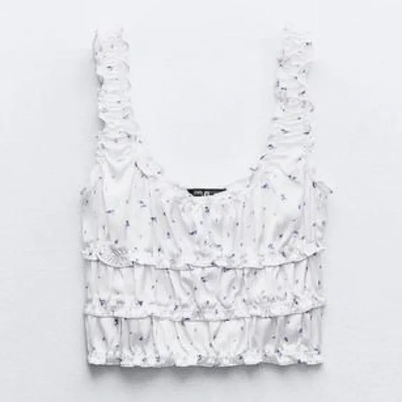 Zara White and Blue Ruffled Top - Picture 4 of 8